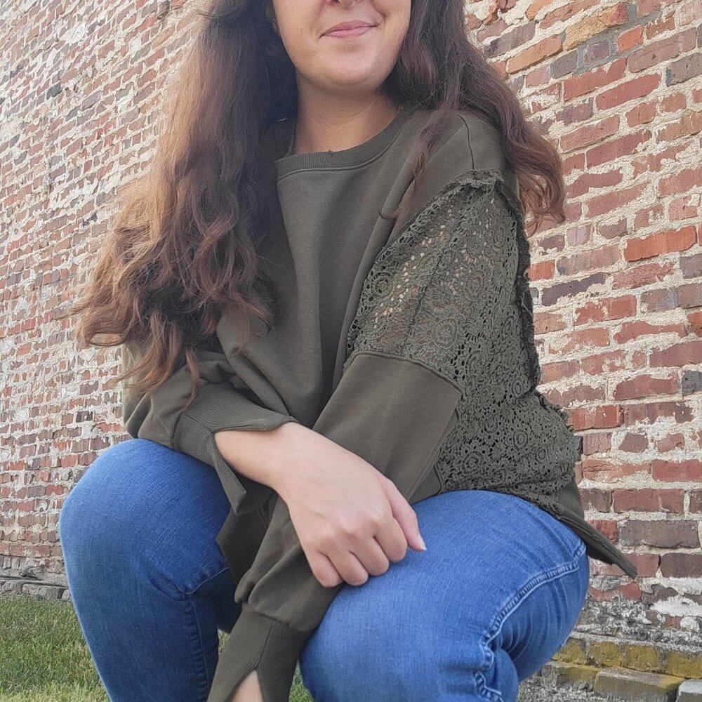 Mello Army Green Sweatshirt With Lace Insets NWT Oversized Distressed at Hems